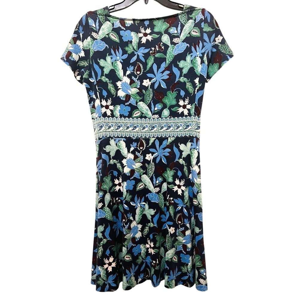 TORY BURCH Wisteria Garden Flare A Line Dress Floral Cotton Navy Blue Green XS - Picture 3 of 7